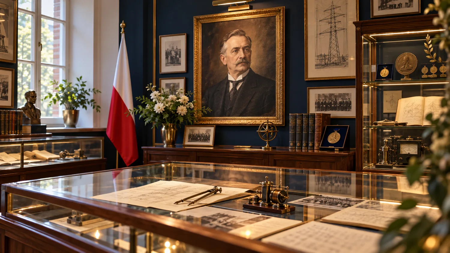 Wizualizacja koncepcyjna izby pamięci: gabloty z pamiątkami, dokumenty i flaga Polski. Nie jest to fotografia rzeczywistej izby pamięci ani autentyczny portret generała.